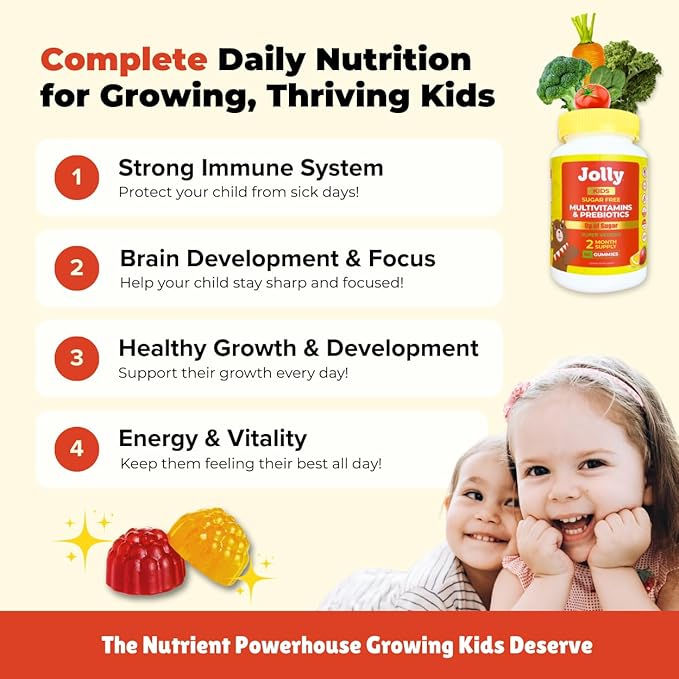 Jolly Kids Multivitamins – 2-Month Supply – Sugar-Free, Organic, Plant-Based Gummies for Kids Age 3+ – No Sugar Alcohols – 1 Gummy per Day – Non-GMO, No Artificial Sweeteners