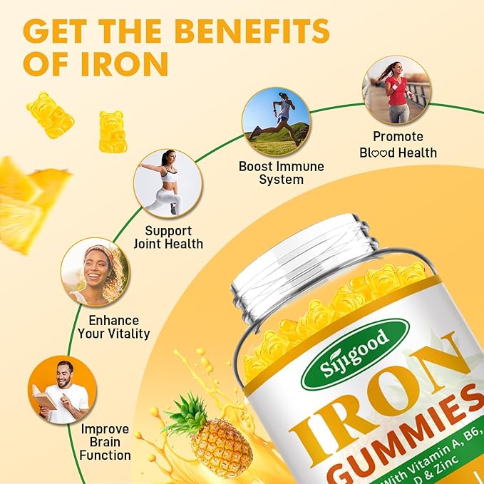 Iron Gummies for Women & Men - Vegan Iron Supplement for Anemia & Iron Deficiency, with Vitamin B12, Vitamin C, Zinc, Folate - Energy Boost, Sugar-Free, Pineapple Flavor, 60 Count