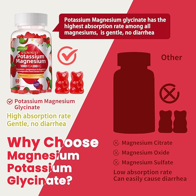 Potassium Magnesium Gummies,High Absorption Magnesium Glycinate,B6,D3,Potassium Citrate for Leg Cramps,Muscle,Electroyte for Adults Kids,Sugar-Free, 60 Gummies (Strawberry Flavor)