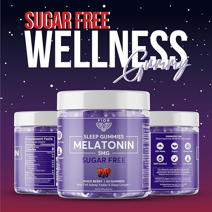 FIOR Sugar Free Blue Raspberry 60-Count Melatonin Gummies 5mg Sleep Aids for Adults & Kids. Gummy Vitamins for Sleep. Adults & Kids Melatonin & L-Theanine Gummies Natural Herbal Sleep Aid.