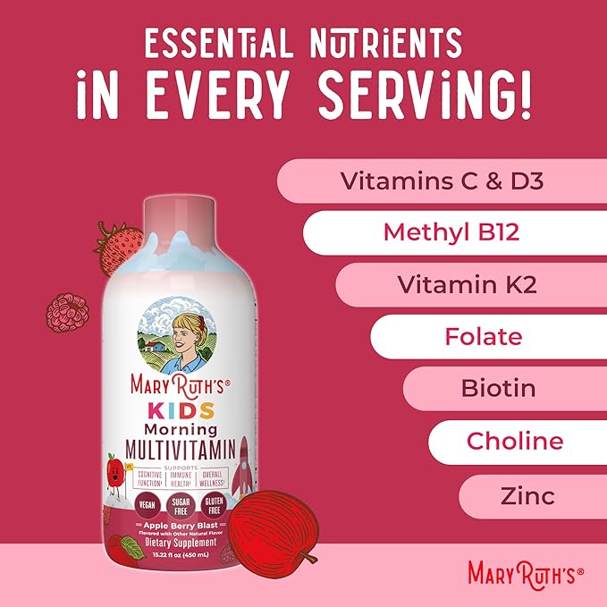 MaryRuth's Liquid Multivitamin (Apple Berry) & Nighttime Multimineral (Peaches & Cream) for Kids | Clean Label Project Verified® | Vitamins for Energy, Muscle Relaxation, & Overall Wellness | Vegan