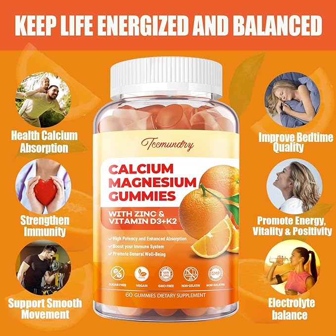 Calcium Magnesium Zinc Gummies with Vitamin D3 & K2 - High Absorption Magnesium Glycinate 400mg - Sugar Free Calcium Supplement - Support Nerve Muscle Mood & Immunity - for Adults Men Women Kids