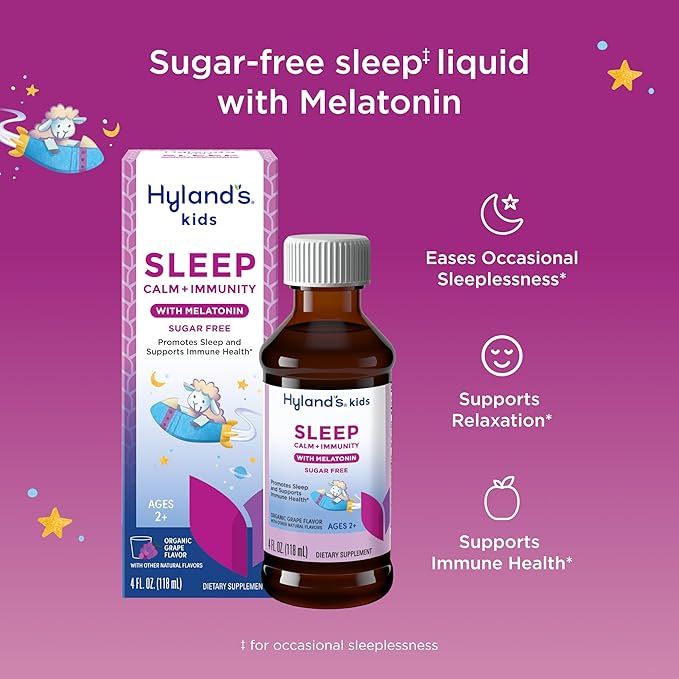 Hyland's Kids Sleep Calm and Immunity with Melatonin, Promotes Sleep and Supports Immune Health, Ages 2 and up, Grape Flavor, 4 Fl. Oz.