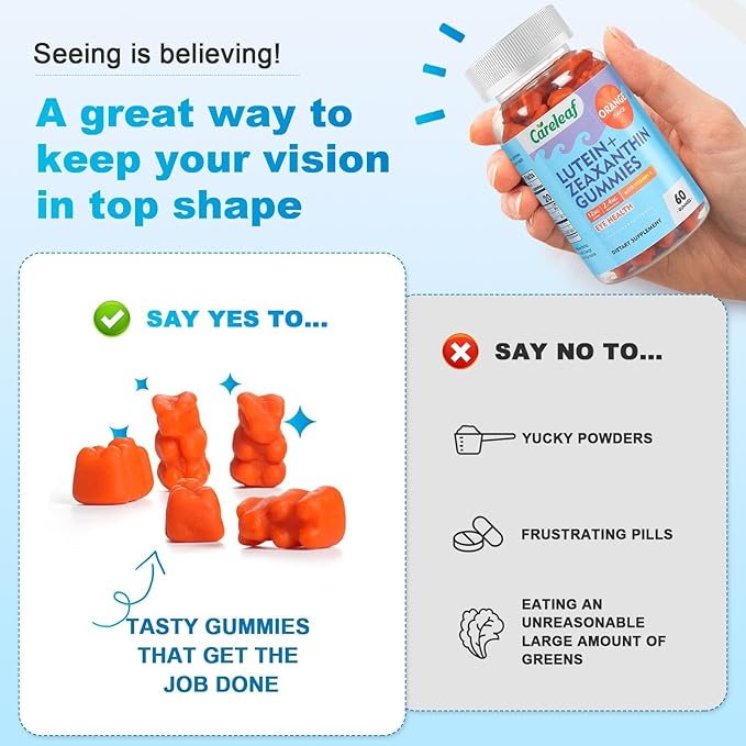 Vegan Lutein Gummies 12mg with Zeaxanthin and Vitamin A for Kids and Adults for Eye Health and Brain Function Supplement Orange Flavor