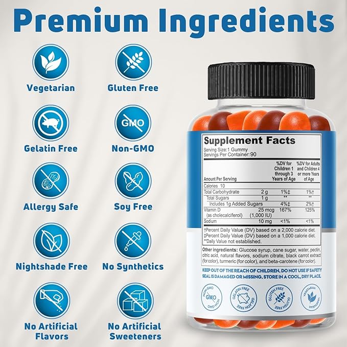 Kids Vitamin D Gummies (90 Day Supply) Vitamin D3 for Kids (1000IU) to Support Strucutre, Muscle Functions & Immune System. Delicious & Vegetarian Vitamin D for Kids