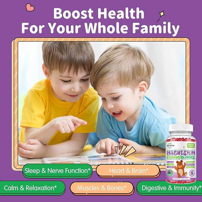 Magnesium Gummies for Kids - Magnesium Glycinate Gummies Supplement with L-Theanine, Vitamin B6, D3 for Kids & Adults - Support Calm, Sleep, Relaxation, Brain, Bones, Sugar Free Grape 60ct