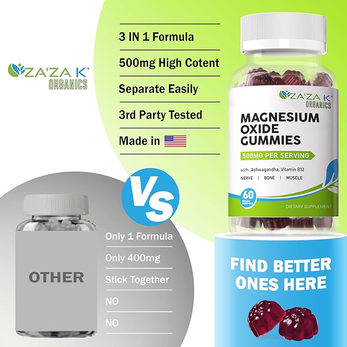 ZA'ZA K ORGANICS Magnesium Oxide Gummies, Magnesium Oxide 500mg with Ashwagandha & Vitamin B12 for Sleep, Nerve, Muscle, Bone & Heart Health, Magnesium Chewable Supplement for Adults Kids, Vegan, 60