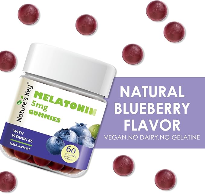 Nature's Key Melatonin Gummies for Kids & Adults, 5mg Dose Gummy with Vitamin B6, Non-GMO,Gluten-Free-Natural Blueberry Flavor 60 Count