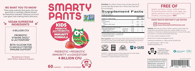 SmartyPants Kids Probiotic & Prebiotic Gummies for Digestive Health: 6 Billion CFU Gut Health Supplement, Clinically Studied Prebiotic for Immune Support, Strawberry, 60 Count (30 Day Supply)