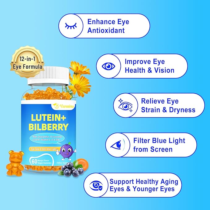 20mg Lutein & Zeaxanthin Gummies with Bilberry, Astaxanthin, Omega 3, Vitamin C, E - Sugar Free Eye Health Supplement for Adults & Kids - Dry Eye Relief, Vision Clarity, Macular Support