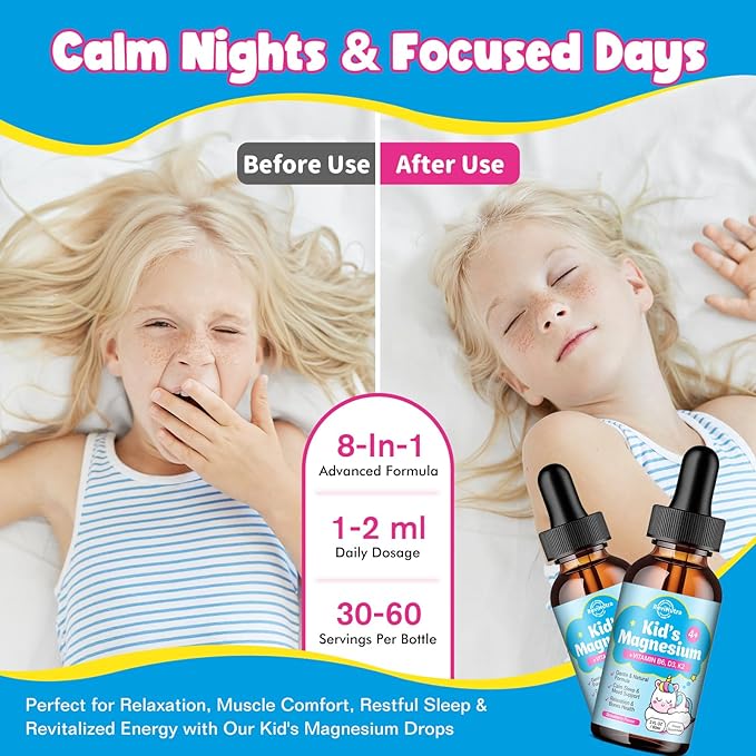 Kids Magnesium Glycinate Liquid Drops with Omega-3, Ashwagandha, Vitamin B6, D3, K2, Calcium & Chamomile - Magnesium Drops for Kids Sleep, Calm, Focus, Brain & Mood - Strawberry Flavor
