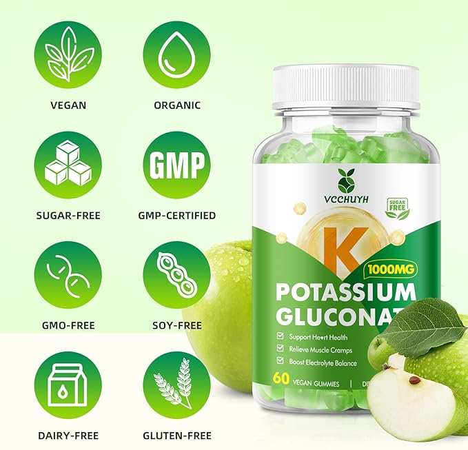Potassium Gummies 1000mg for Adults & Kids, High Dose Potassium Gluconate Supplement Potassium Gluconate Gummies Support Muscle Cramps Electrolyte Balance, Apple Flavor 60 Count