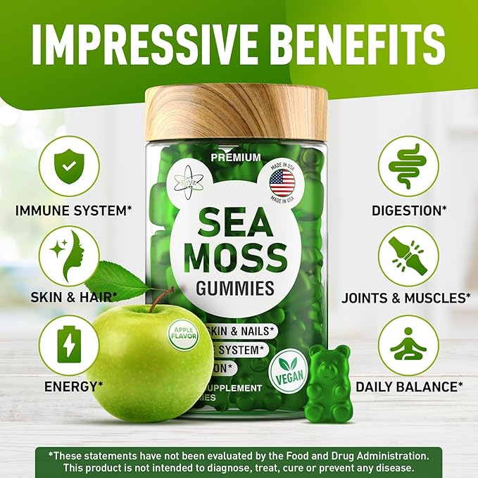 Sea Moss Gummies - Wildcrafted Irish Sea Moss Gummies for Adults & Kids - Seamoss Gel Gummies with Sea Moss Gel, Bladderwrack & Burdock Root Extract - 60 Vegan Sea Moss Gummies