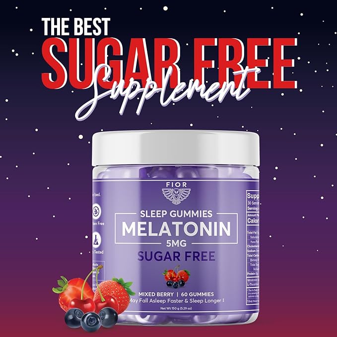FIOR Sugar Free Blue Raspberry 60-Count Melatonin Gummies 5mg Sleep Aids for Adults & Kids. Gummy Vitamins for Sleep. Adults & Kids Melatonin & L-Theanine Gummies Natural Herbal Sleep Aid.