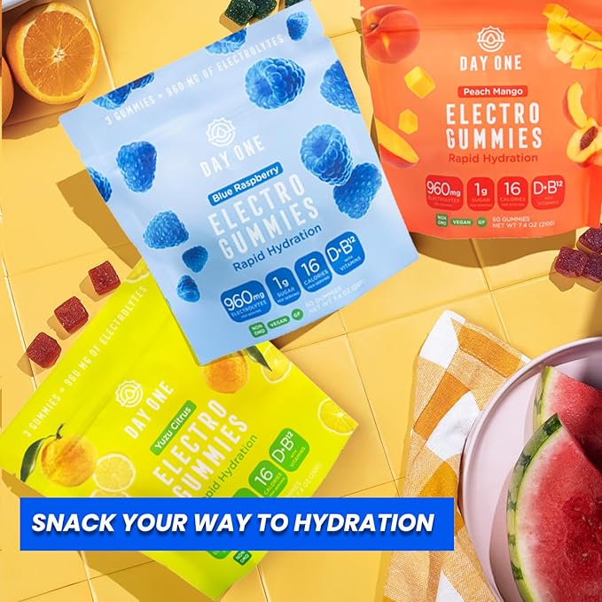 Day One ElectroGummies – Electrolyte Hydration Gummies – Ideal to Boost Hydration & Energy – Supplement for Post & Pre Workout – for Men, Women, Kids – Blue Raspberry Flavored – 60 Gummies