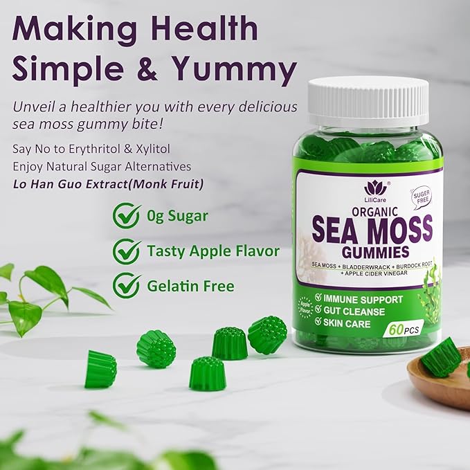 Sea Moss Gummies - Irish Sea Moss Gummies for Adults & Kids - Advanced Superfood Seamoss Supplement with Organic Bladderwrack & Burdock Root Extract，ACV for Daily Immune, Gut Cleanse, Vegan, 2 Pack