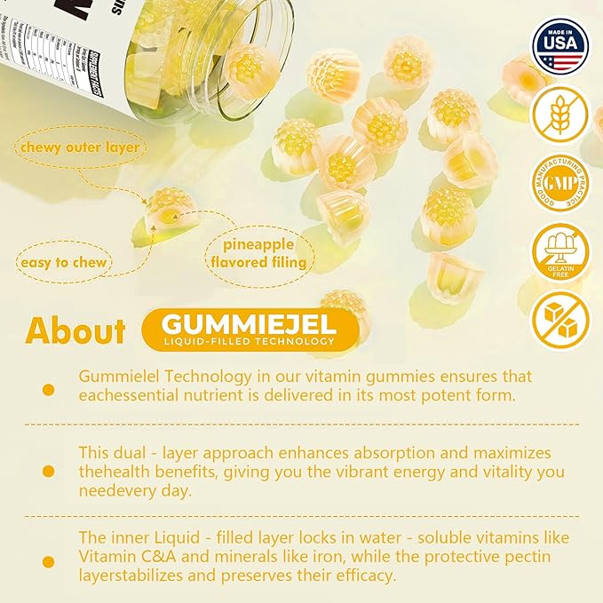 1 Pack 100MG Iron Supplement Gummies for Women & Men - with Vitamin A, C, B - Energy Support for Iron Deficiency, Anemia, Adults ＆ Children, Pineapple Flavor Gummy, 60ct