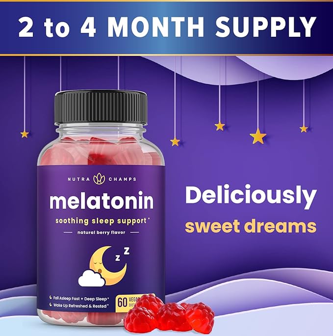 NutraChamps Melatonin Gummies for Kids & Adults, Natural Sleep Aid Drug-Free, Vegan Berry Flavor, 120 Sleep Gummies, 2.5mg, 5mg or 10mg Dose, Sleeping Pills Substitute (Pack of 2)