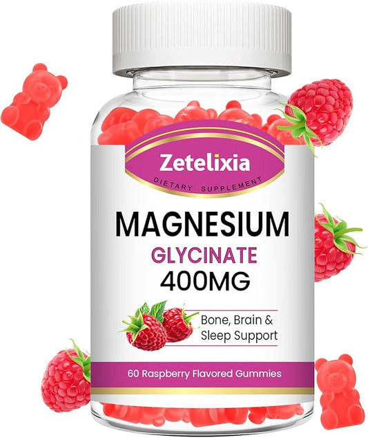 Magnesium Glycinate Gummies, High Absorption Magnesium Glycinate Supplements for Relaxation, Sugar Free Chews for Adults & Kids, Raspberry Flavor 60 Cts
