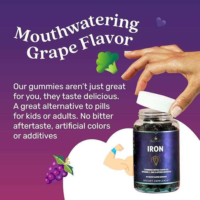 BeLive Iron Gummies - Multivitamin Supplement with Vitamin C, A, B & Zinc, Supports Blood Oxygen, Vegan Iron Supplements for Women, Men & Kids for Growth and Development - Grape Flavor | 1-Pack