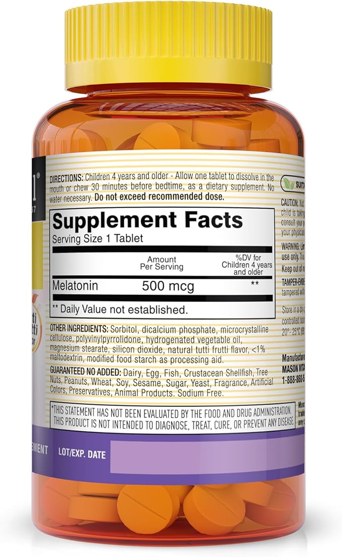 MASON NATURAL Healthy Kids Melatonin - for Children, Supports a Healthy Sleep, Fast Acting, Fruit Flavored, 60 Quick Dissolve Tablets (Pack of 3)