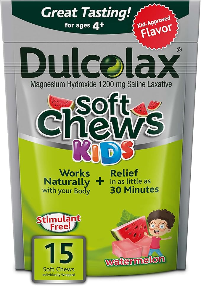 L’il Critters Fiber Daily Gummy Supplement for Kids, for Digestive Support, Berry & Dulcolax Kids Soft Chews Saline Laxative Watermelon Gentle Constipation Relief, Magnesium