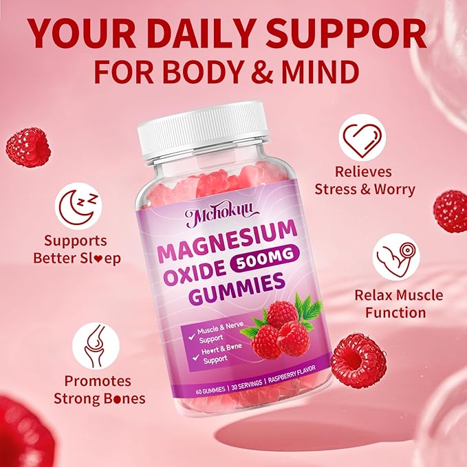 Magnesium Oxide Gummies 500mg, Sugar Free Chewable Magnesium Oxide Supplement for Adults & Kids, Nerve Support & Energy Boost, Non-GMO, Raspberry Flavor, 60 Count