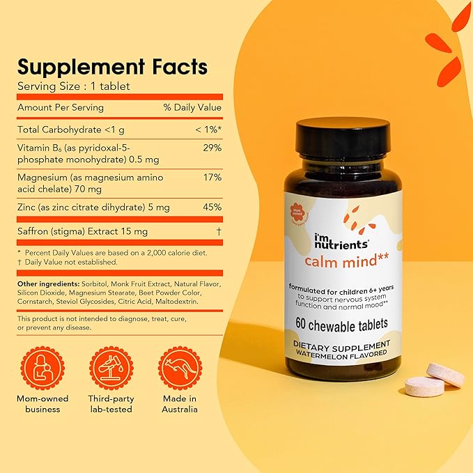I’m Nutrients Calm Mind | Saffron Supplements for Kids | Nervous System Support | Kids Magnesium | Vitamin B6 | Zinc | Naturally Flavored | No Artificial Ingredients | 60 Chewable Tablets