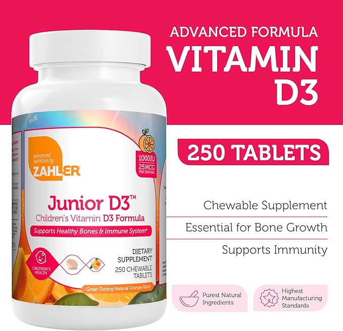 Zahler Junior D3 Vitamins 1000 IU - Chewable Vitamin D3 for Kids - Vitamin D for Kids to Support Bone, Teeth & Immune Health - Kosher Kids Vitamin D3 Orange Flavor - D3 Vitamins for Kids 250 Count.