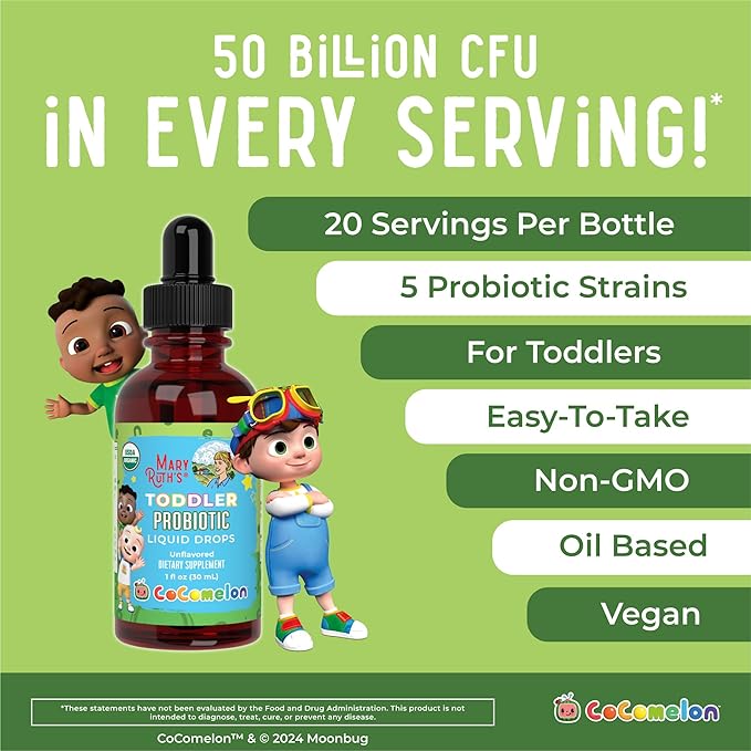 MaryRuth Organics Cocomelon Toddler Probiotic Liquid Drops | Kids Probiotics for Ages 1-3 | 5 Probiotic Strains | 150 Billion CFU Per Serving | USDA Organic | Sugar Free | Gluten Free | 1 Fl Oz