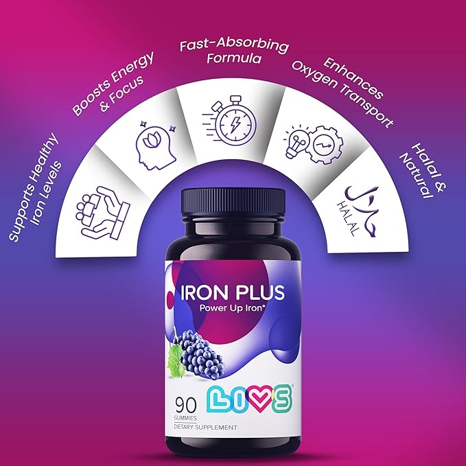 Iron Gummies with Vitamin C for Women, Men & Kids | Chewable Supplement as Gummy with Vitamin B12, B3,B5,B6, Folate & Zinc | Energy Support, Non GMO & Gluten Free | 20mg Iron/Dose -90 Count