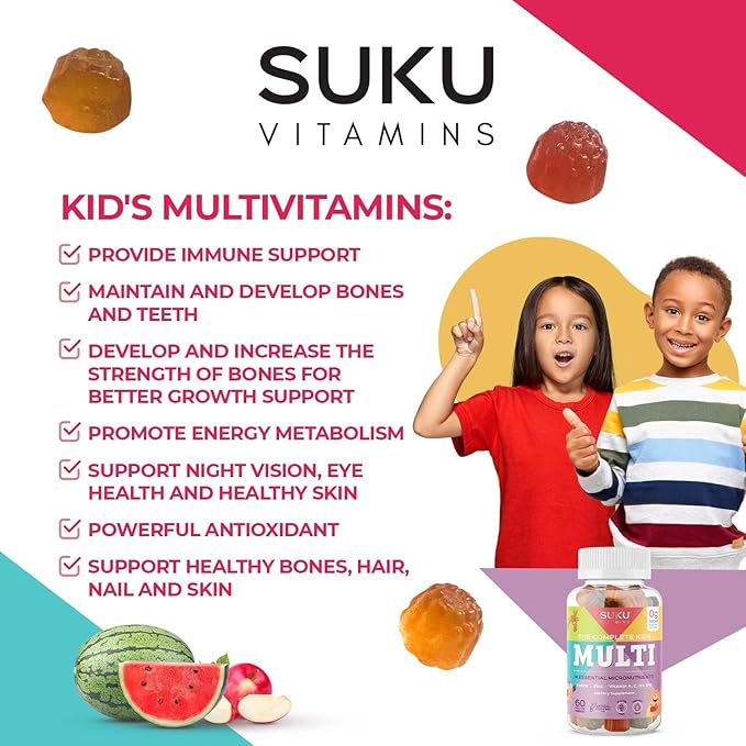 SUKU The Complete Kids Multivitamin Gummies – Vitamins A, C, D, E, B6, B12, Folate & Zinc – Immune Support, Sugar-Free, Gluten-Free, Non-GMO, Tropical Bonanza Flavor – 60 Count