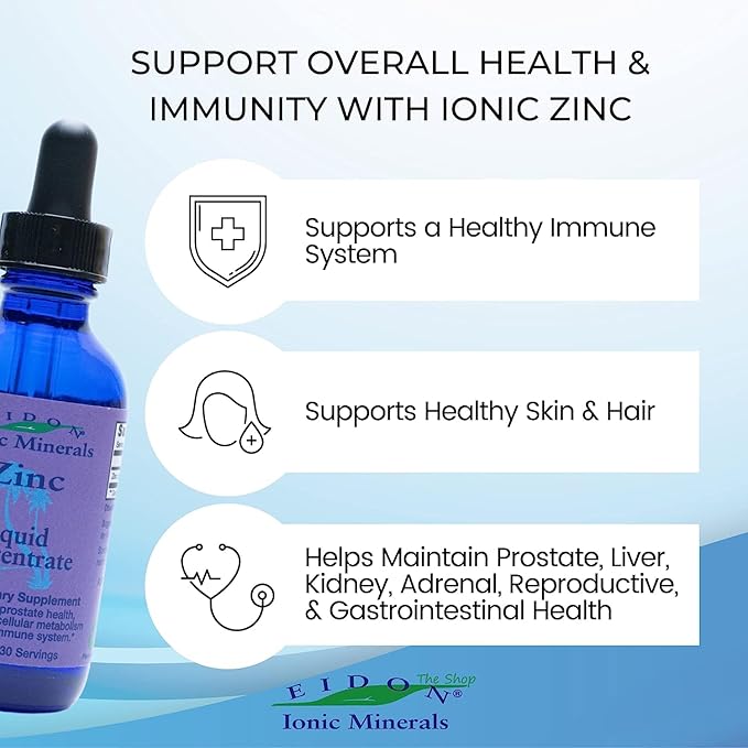 Eidon Ionic Minerals Liquid Zinc Concentrate - Ionic Zinc Supplement Drops for Adults and Kids, Support Immune System, Hair and Skin, Liver and Kidney Health - 2 oz, 2 Pack