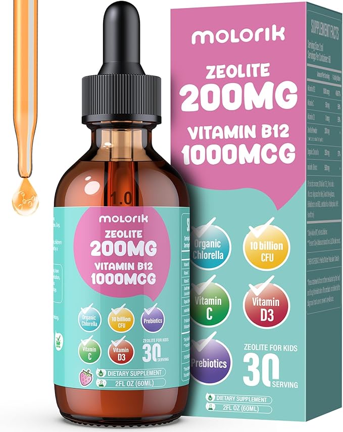 Zeolite Detox for Kids, 200mg Zeolite Liquid Drops with 1000mcg Vitamin B12, 250mg Organic Chlorella, 10 Billion CFU and Prebiotics for Gut Support & Speech, Immune, Bone, Energy, Strawberry, 60ML