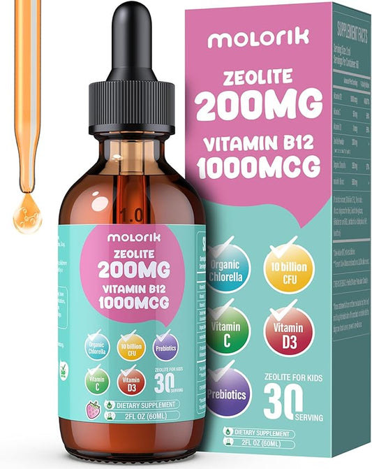 Zeolite Detox for Kids, 200mg Zeolite Liquid Drops with 1000mcg Vitamin B12, 250mg Organic Chlorella, 10 Billion CFU and Prebiotics for Gut Support & Speech, Immune, Bone, Energy, Strawberry, 60ML