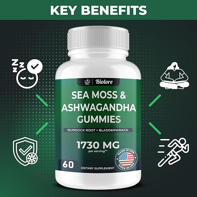 Sea Moss Gummies with Ashwagandha, Irish Sea Moss, Burdock Root, Bladderwrack - Gummies for Adults, Kids, Men, Women - Vegan, Gluten-Free