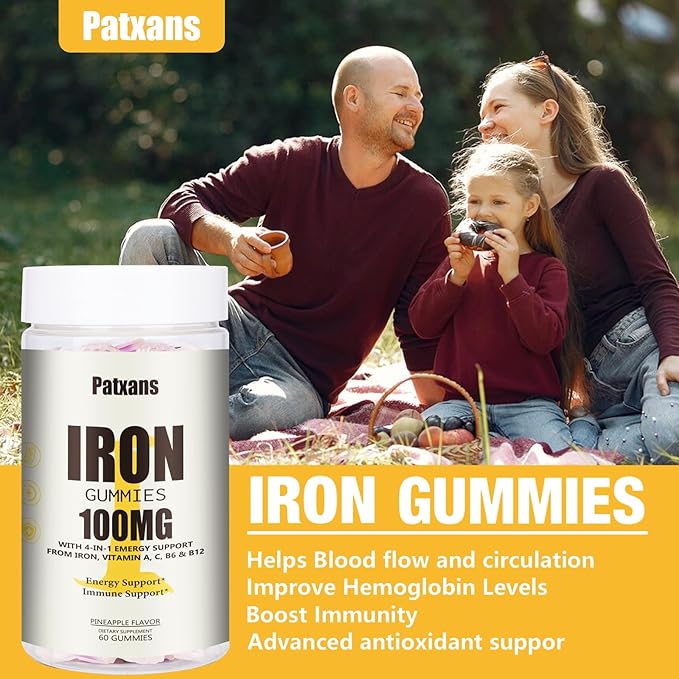 1 Pack 100MG Iron Supplement Gummies for Women & Men - with Vitamin A, C, B - Energy Support for Iron Deficiency, Anemia, Adults ＆ Children, Pineapple Flavor Gummy, 60ct