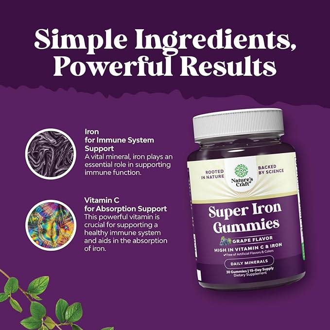 Extra Strength Iron Supplement Gummies for Women & Men - Chewable Iron with Vitamin C & B Complex for Energy, Blood Builder & Immune Support - Increase Red Blood Cells Supplement - 30 Count