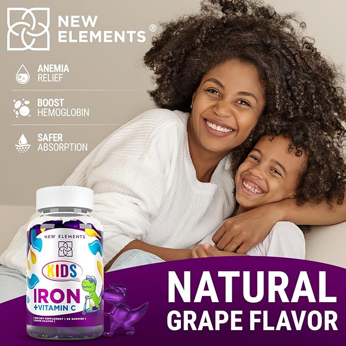 New Elements Iron Dinosaur Gummies for Kids with Vitamin C | Sugar-Free, Vegan, Gluten-Free & Non-GMO | Anemia Relief, Energy & Blood Health Support | Grape Flavor, Pectin-Based for Optimal Health