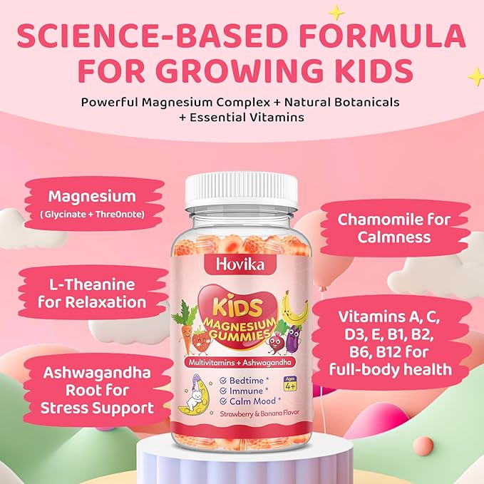 Kids Magnesium Gummies - Magnesium Glycinate Supplement Gummies with L-Theanine, Chamomile & Multivitamins for Sleep, Calm & Focus - Strawberry Banana Center-Filled Gummies 60 ct