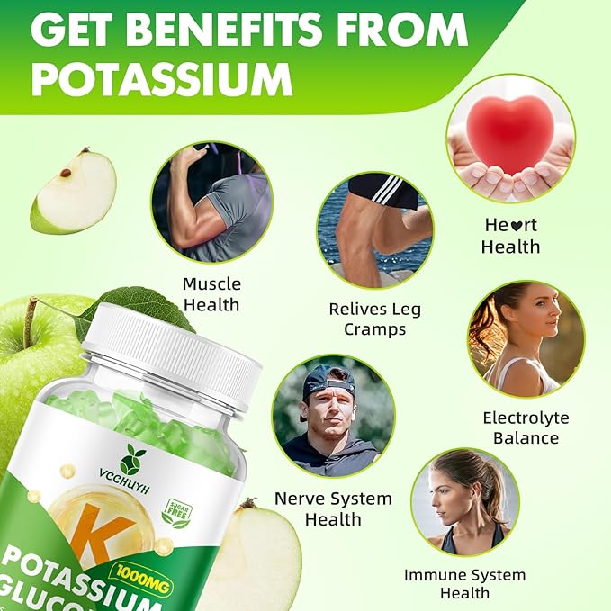 Potassium Gummies 1000mg for Adults & Kids, High Dose Potassium Gluconate Supplement Potassium Gluconate Gummies Support Muscle Cramps Electrolyte Balance, Apple Flavor 60 Count