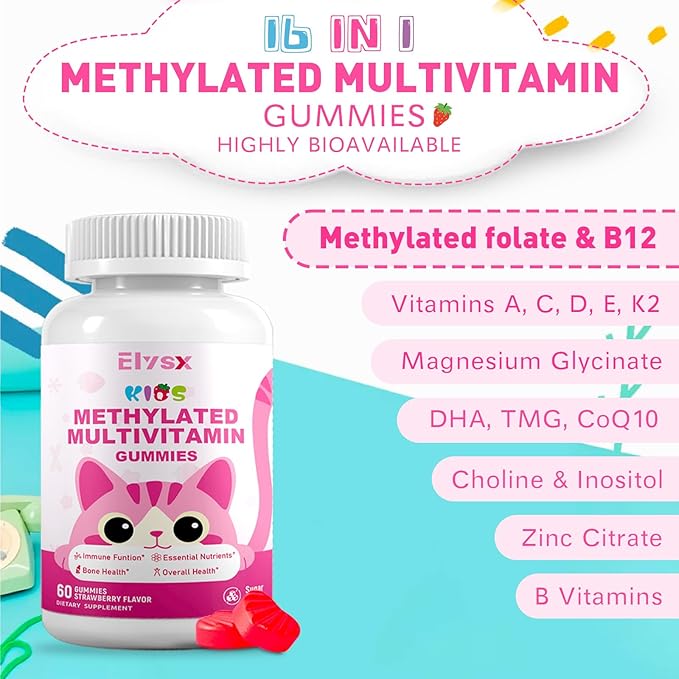 Methylated Multivitamin Chewable for Kids Gummies, MTHFR Supplement with L Methylfolate, Magnesium, Biotin, Choline, Inositol, DHA, TMG & CoQ 10, Immune & Brain Support, Strawberry Flavor, 60 Ct