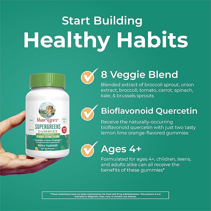 MaryRuth Organics Super Greens Gummies | Naturally-Occurring Quercetin for Adults and Kids Ages 4+ | Sugar Free | 2g Fiber Per Serving | Vegan | No Gelatin | Pectin Based | 60 Count | 30 Servings