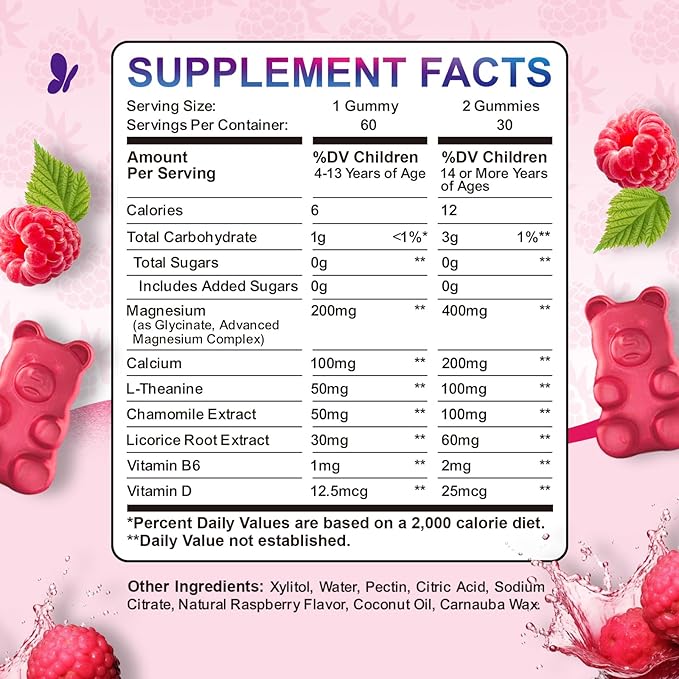 Kids Magnesium Gummies, Magnesium Glycinate Gummies for Kids & Adults with L-Theanine, Chamomile, Licorice, Vitamin D, B6 for Sleep, Relaxation, Brain & Muscle, Sugar Free Raspberry 60ct