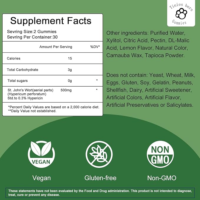St John's Wort Gummies 500mg, Sugar Free Gummies for Adults Kids, Best Herbs Gummies for Brain and Stress Relief, Non-GMO, Gulten Free, Vegan, Pectin, 60