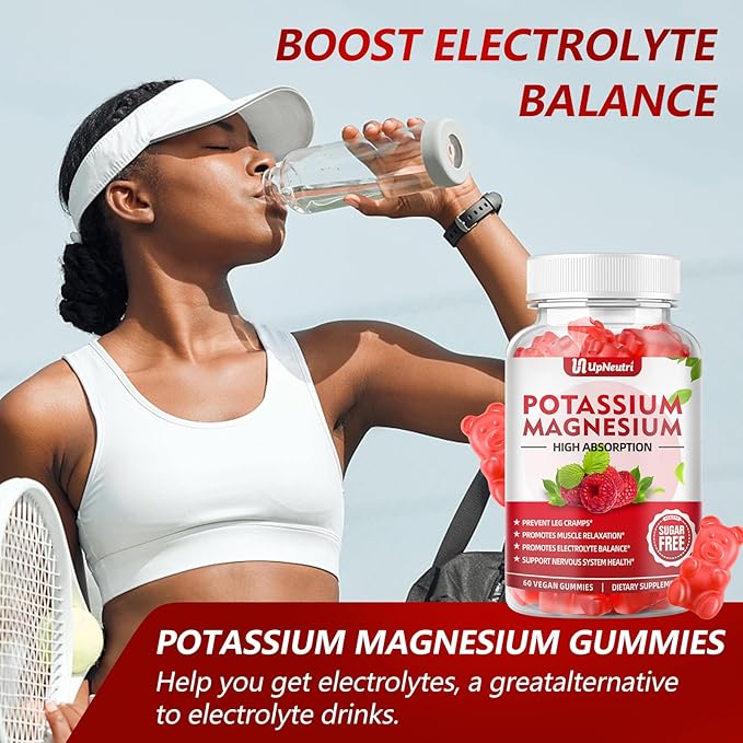 Potassium Magnesium Supplement Gummies for Adults Kids, Sugar-Free Potassium Citrate Gummies Supports Leg Cramps & Muscle & Heart Health, Vegan Magnesium Glycinate Gummies Raspberry Flavor 60 Cts