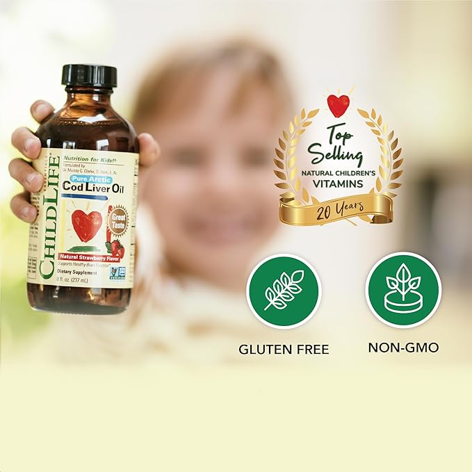 CHILDLIFE Essentials Cod Liver Oil for Kids - Kids Cod Liver Oil Liquid, Arctic Cod Liver Oil for Babies 6+ Months, Toddlers, & Kids, Added DHA, EPA, Omega-3 Fatty Acids - Strawberry, 8 fl oz