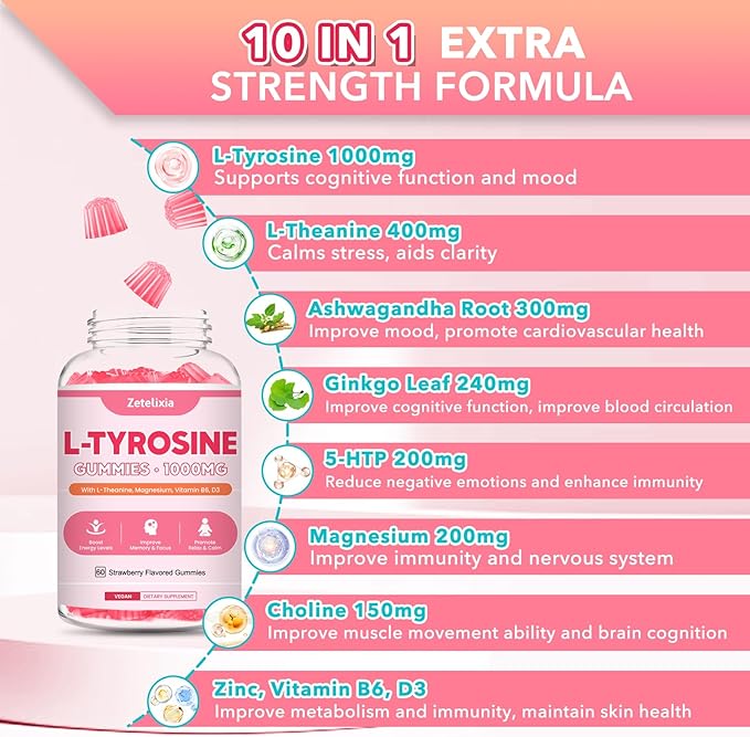 10 in 1 L Tyrosine Gummies, L-Tyrosine Supplement, L-Theanine Gummies with Vitamin B6 D3, Tyrosine Supplement Support Cognitive, Memory, Energy, Mood for Adult & Kids, Strawberry Flavor, 60 Ct