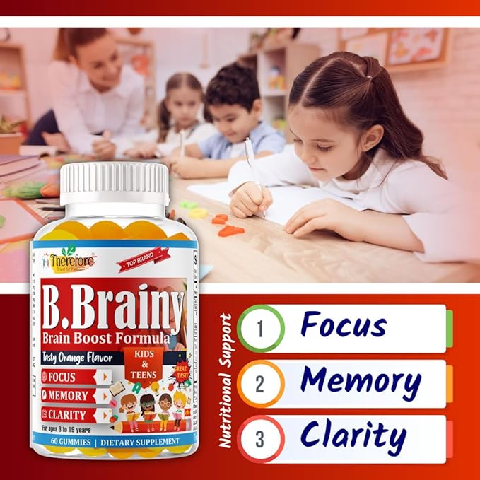 B.Brainy Brain Focus Gummies for Kids & Teens, Attentive Child Supplement, Brain Focus Vitamins for Kids & Teens, Vegan Omega 3 EPA/DHA, Support Memory, Clarity, Concentration, Low Sugar 60 Gummies