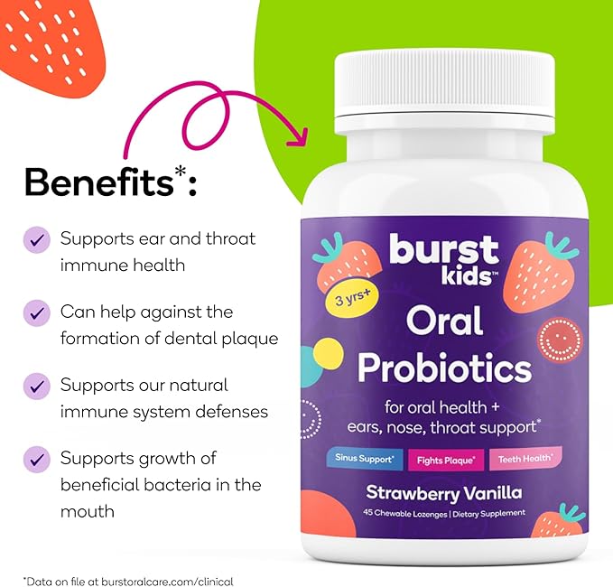 Burst Kids Probiotics (Strawberry Vanilla) | 45 Lozenges for Kids 3+ to Support Optimal Oral, Ear, Throat & Respiratory Health | 3 Billion CFUs | Safe Ingredients | Made in USA